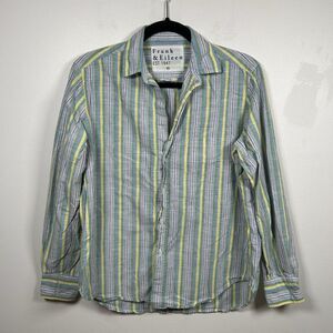 Frank & Eileen Blue Green Striped Poplin Cotton Button-Up Shirt Sz XS Oversized